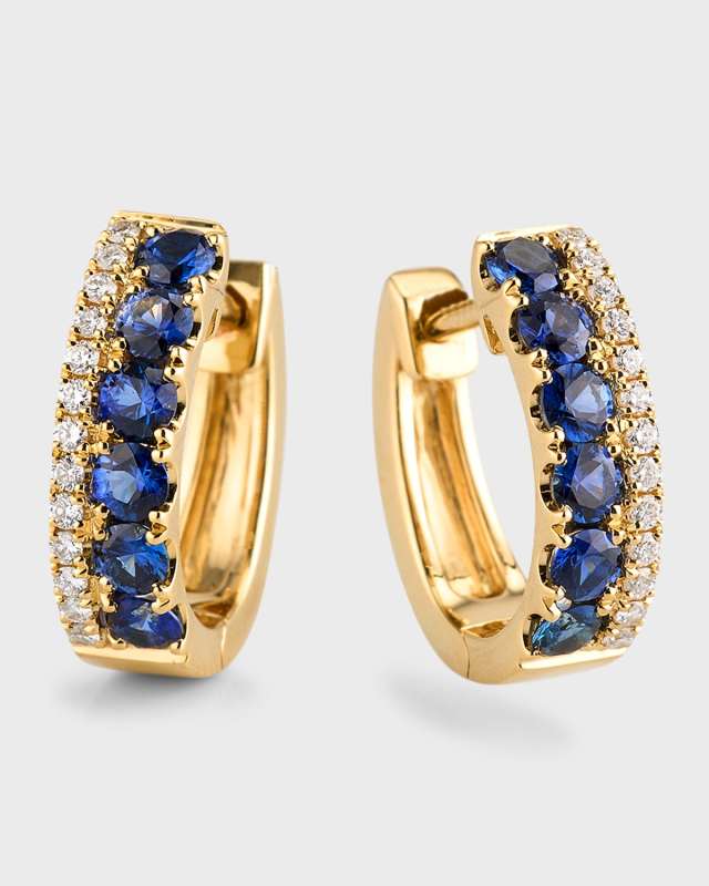 18K Yellow Gold Sapphire and Diamond Huggie Earrings