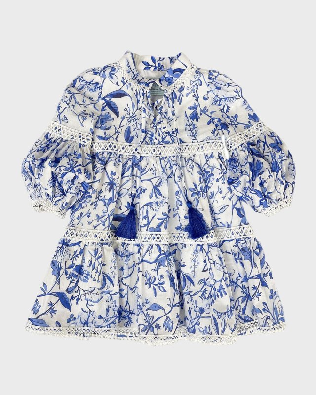 Girl's Jaylin Floral-Print Linen Dress, Size 12M-