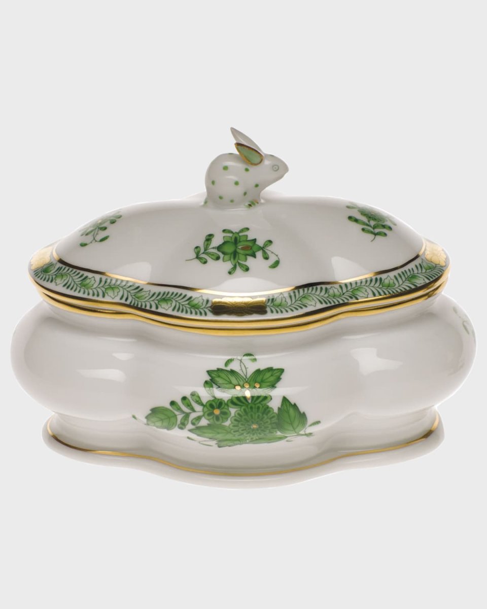 Chinese Bouquet Green Covered Porcelain Bonbon Box with Bunny