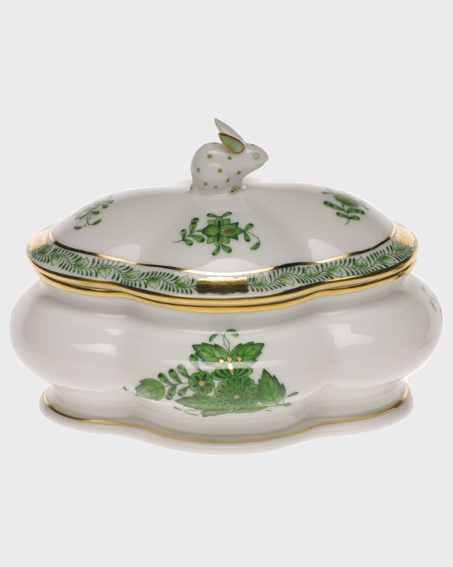 Chinese Bouquet Green Covered Porcelain Bonbon Box with Bunny
