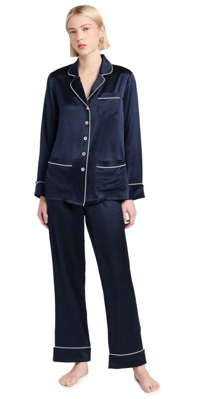 Olivia von Halle Coco Silk Pajama Set Navy Ivory