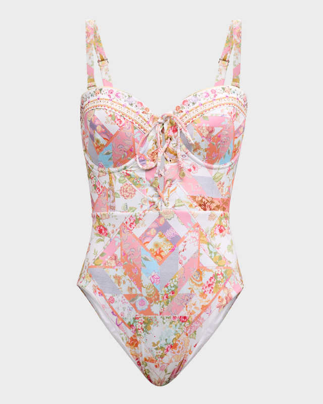 Sew Yesterday Lace Up Balconette One-Piece Swimsuit