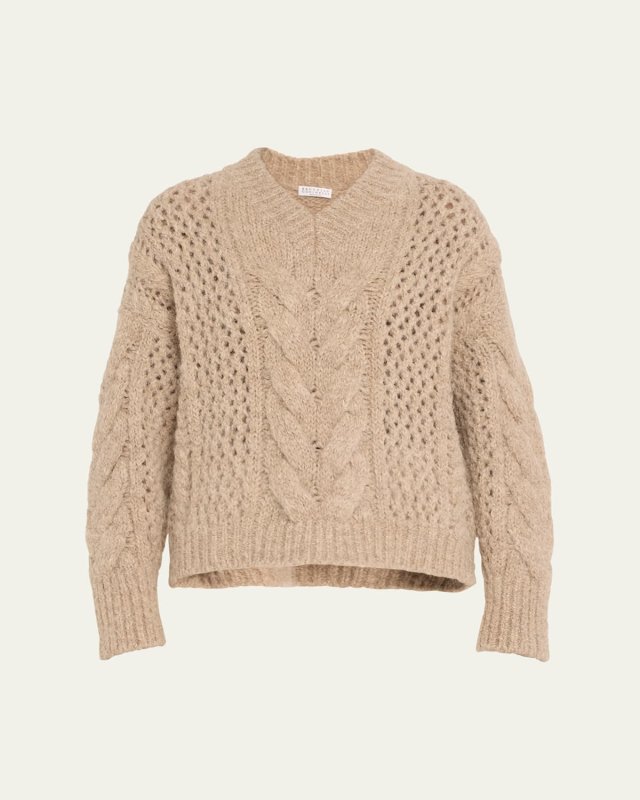 Alpaca-Wool Irish Cable Knit V-Neck Sweater