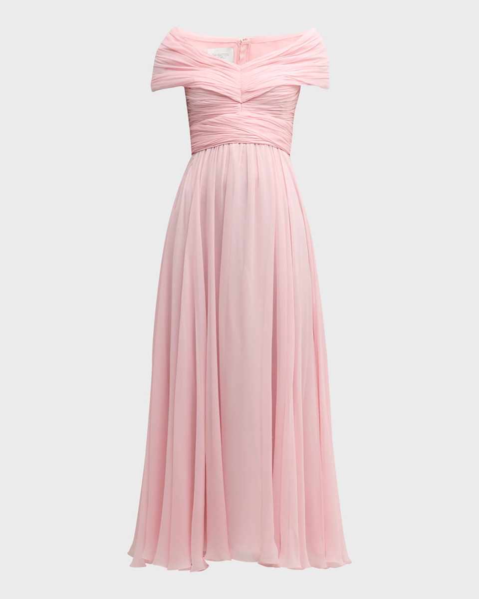 Pleated Off-The-Shoulder Silk Georgette Gown