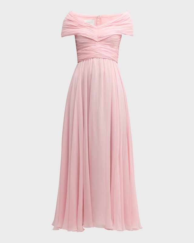 Pleated Off-The-Shoulder Silk Georgette Gown