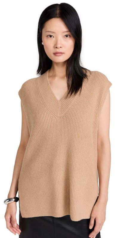 Vince Ribbed V Neck Vest Camel