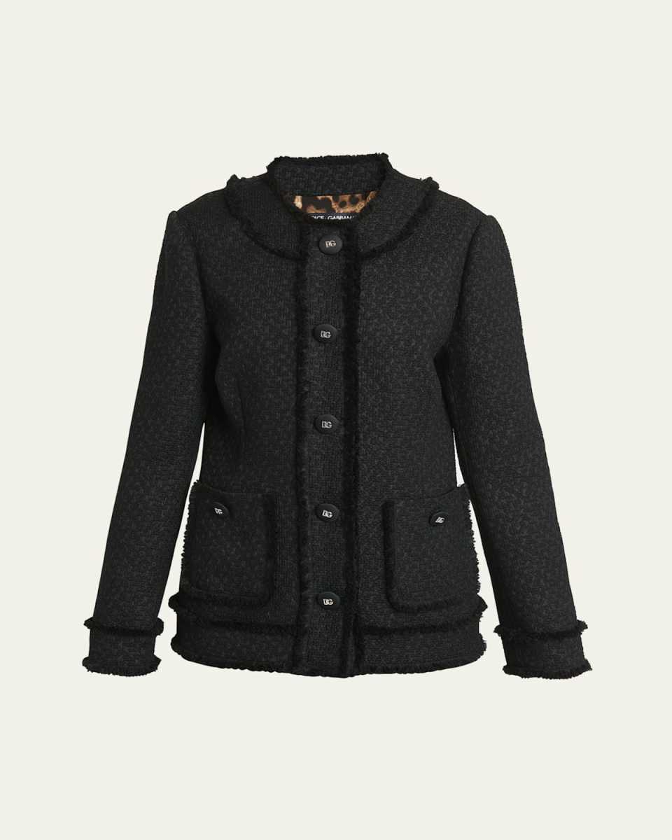 Rachel Tweed Fringe-Trim Jacket