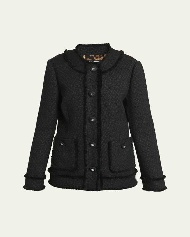 Rachel Tweed Fringe-Trim Jacket