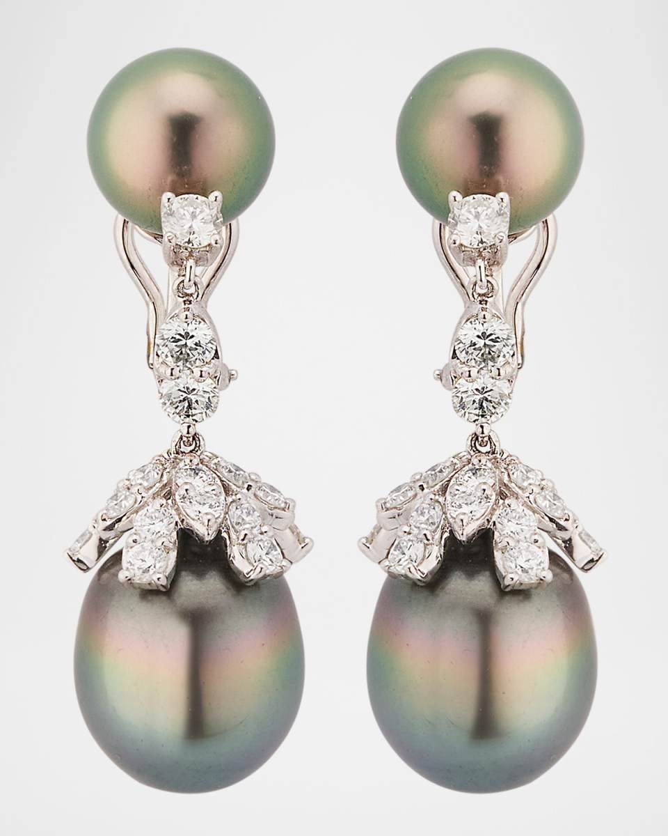 18K White Gold Tahitian Pearl and Diamond Drop Earrings