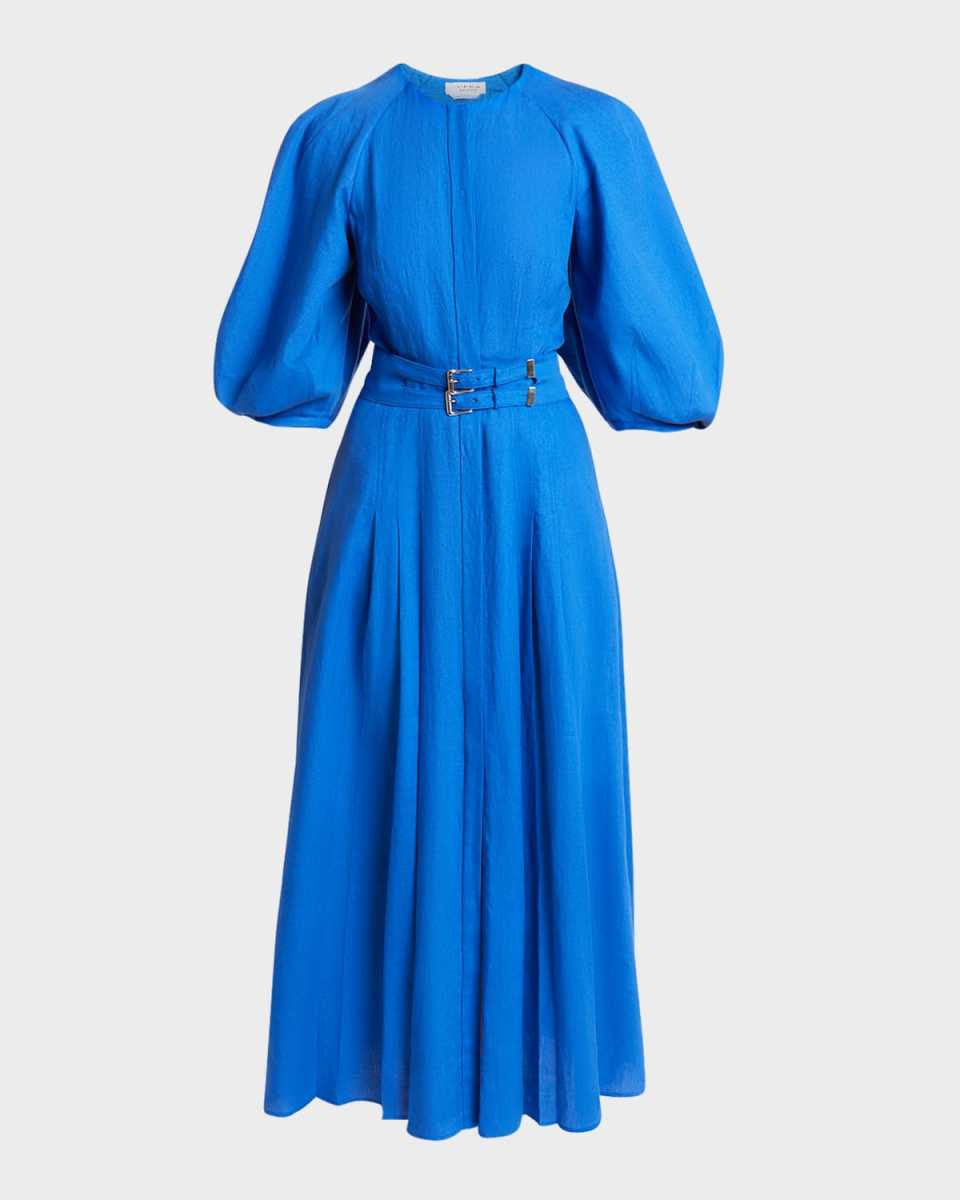 Elea Puff-Sleeve Belted Pleated Maxi Dress