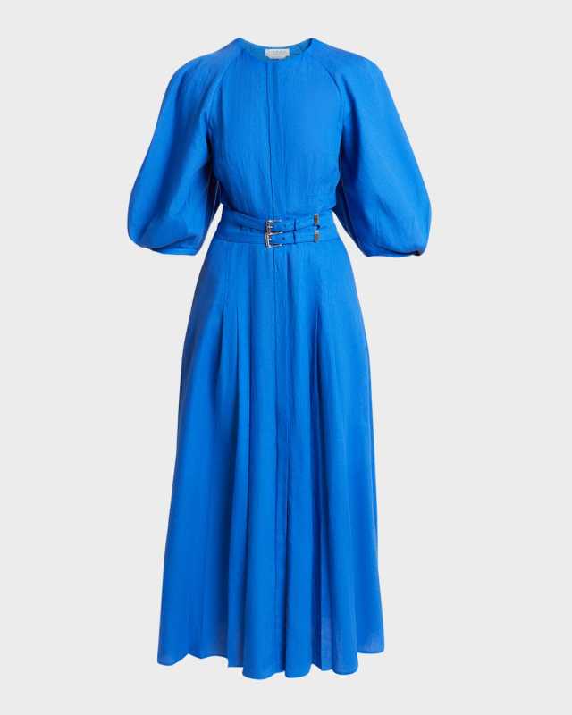 Elea Puff-Sleeve Belted Pleated Maxi Dress