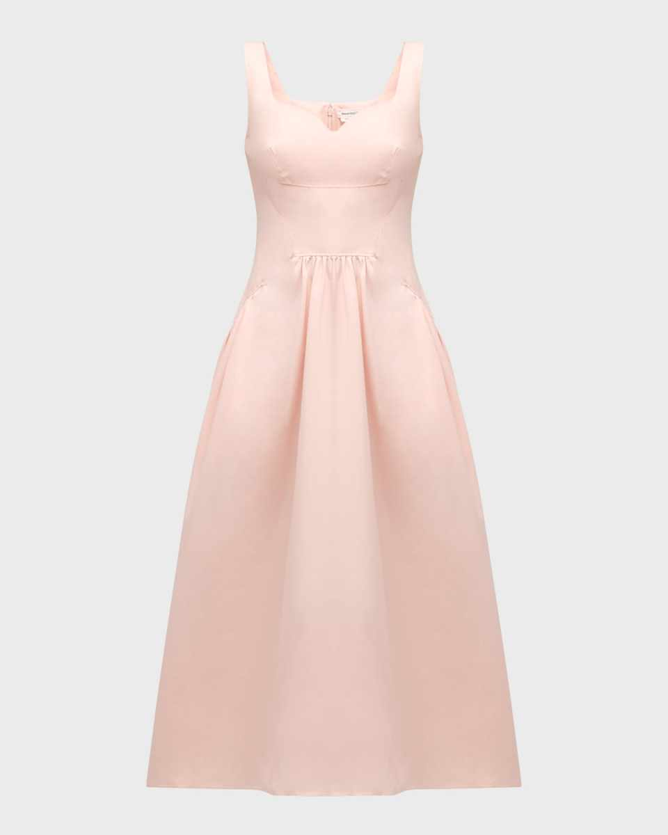 Sweetheart-Neck Sleeveless Gathered Midi Dress