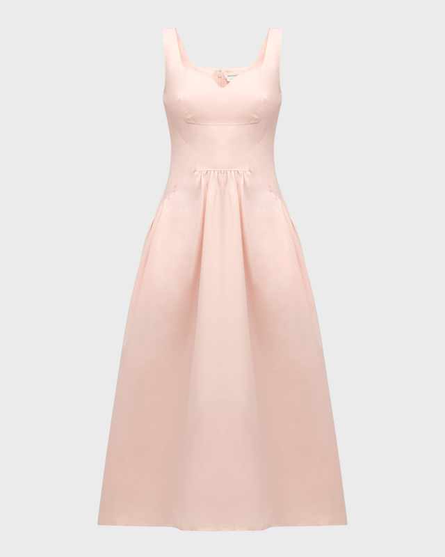 Sweetheart-Neck Sleeveless Gathered Midi Dress