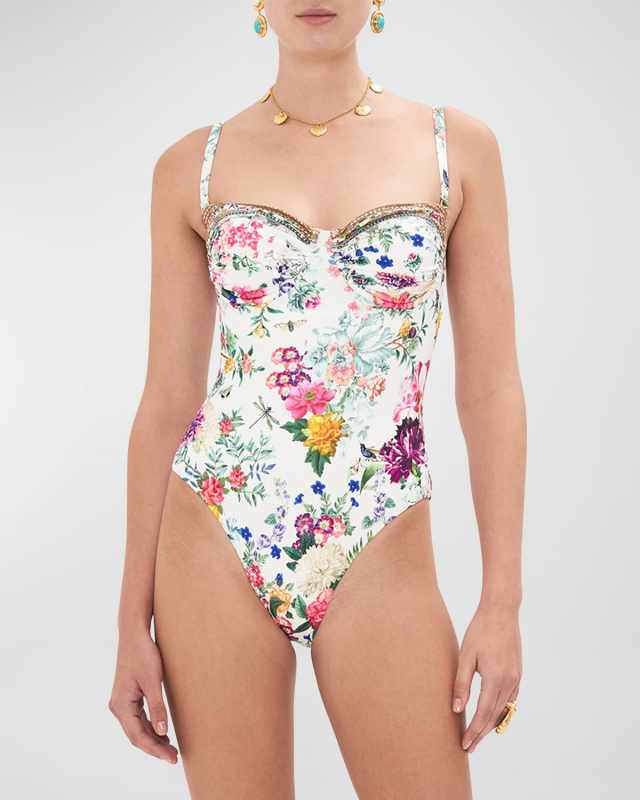 Plumes and Parterres Ruched Cup Underwire One-Piece Swimsuit