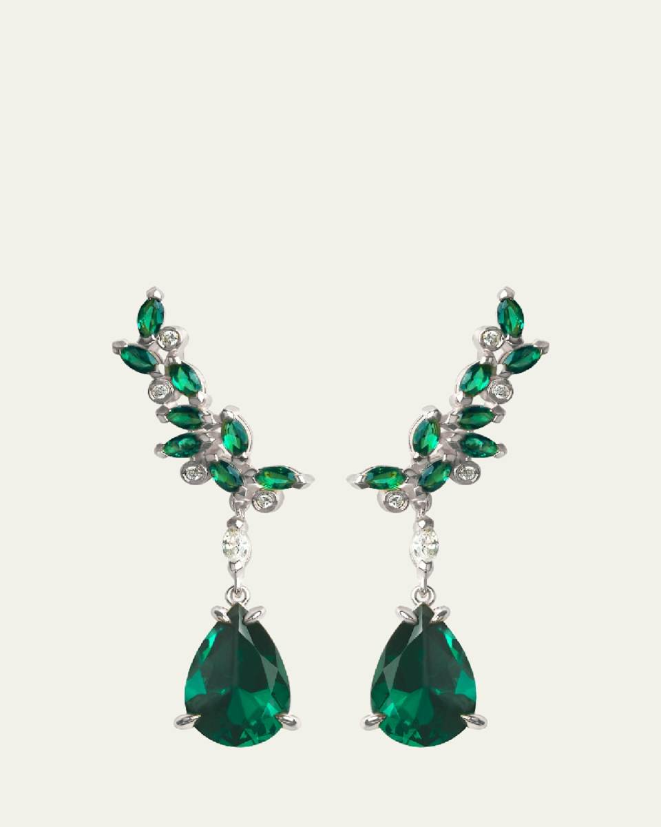 14K White Gold Veto Raindrop Earrings with Lab Grown Diamonds and Green Cultured Emeralds