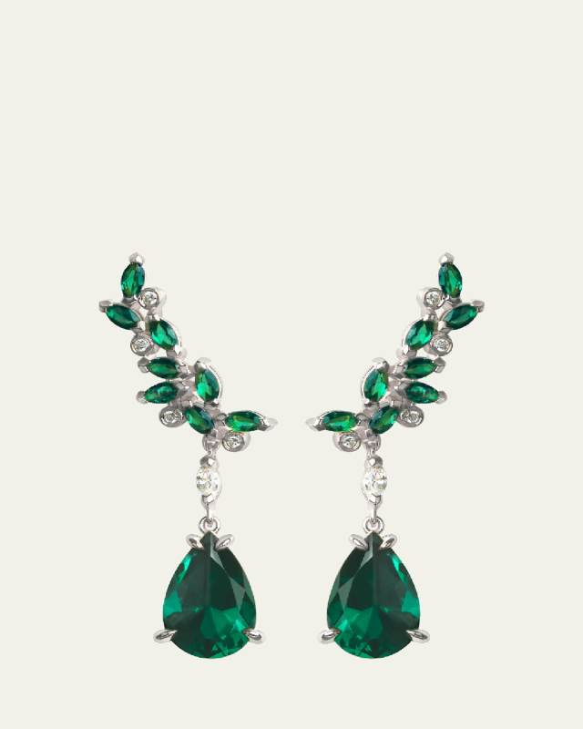 14K White Gold Veto Raindrop Earrings with Lab Grown Diamonds and Green Cultured Emeralds