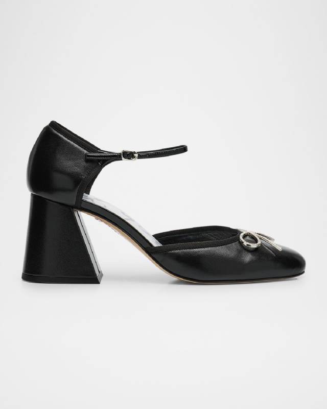 Pirouette Leather Bow Ankle-Strap Pumps