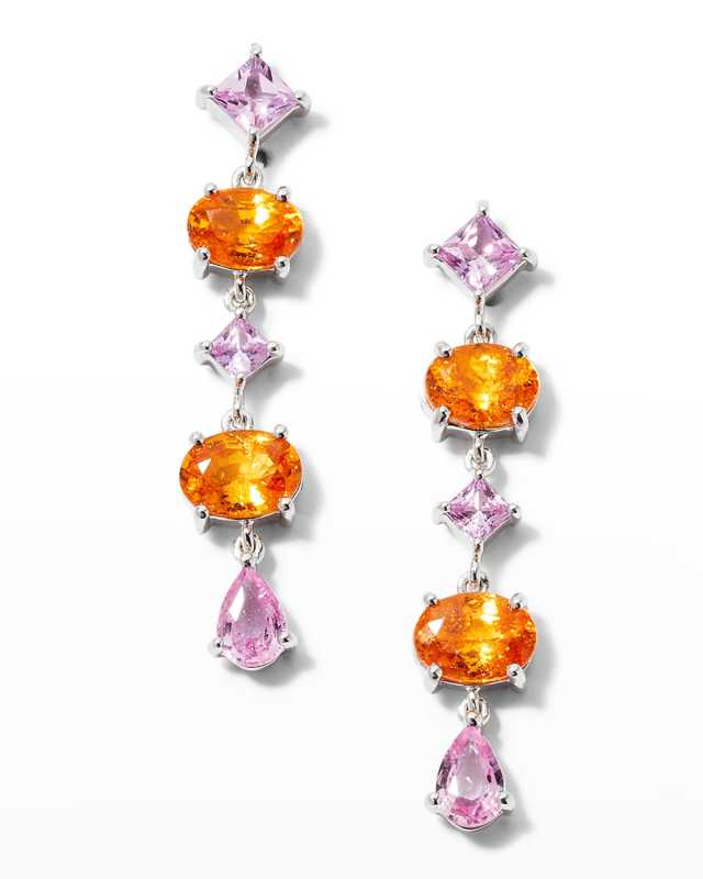 White Gold Oval Garnet and Square Pink Sapphire Drop Earrings