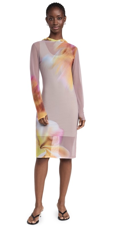 BruceGlen Printed Mesh Midi Dress with Hood Petals and Putty