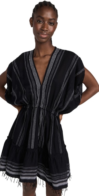 lemlem Leliti Short Plunge Neck Dress Black