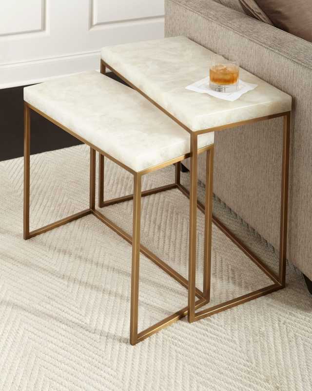 Calcite & Antiqued Brass Nesting Tables, Set of 2