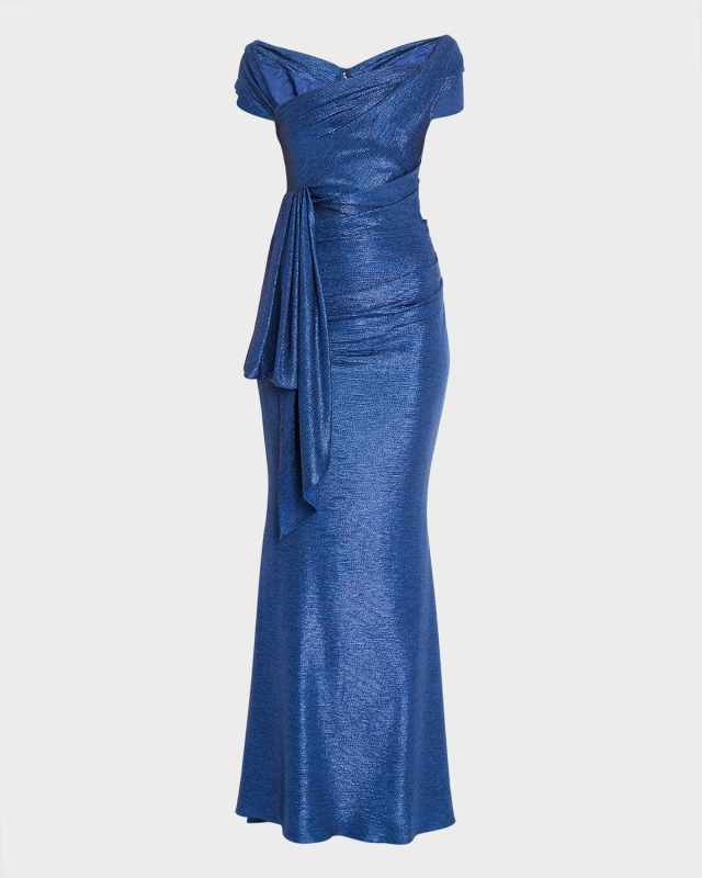 Mirrorball Draped Off-Shoulder Gown