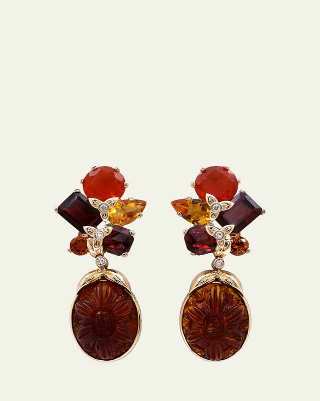 Hand Carved Amber, Fire Opal, Garnet and Citrine Earrings in 18K Gold