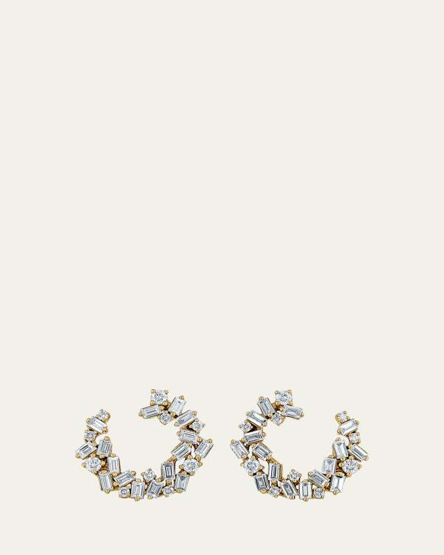 18K Yellow Gold Classic Diamond Sideways Cluster Mini Hoop Earrings