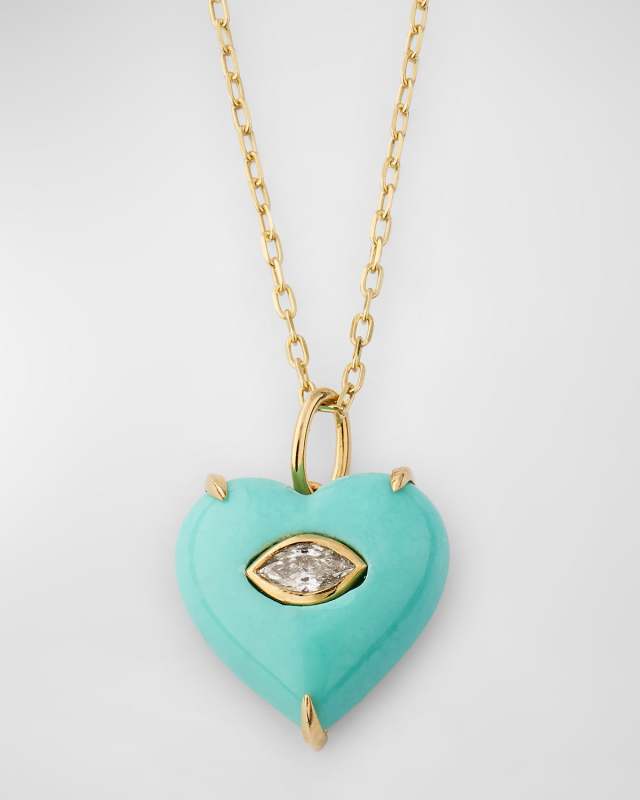 Carved Marquise Bezel Heart Charm Necklace with Light Square Chain, 18"L