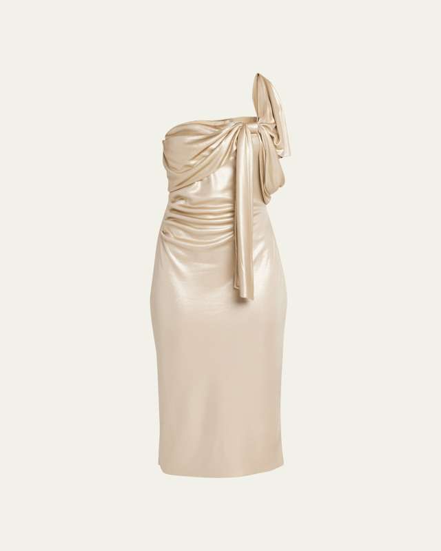 Teresa One-Shoulder Draped Shimmer Midi Dress