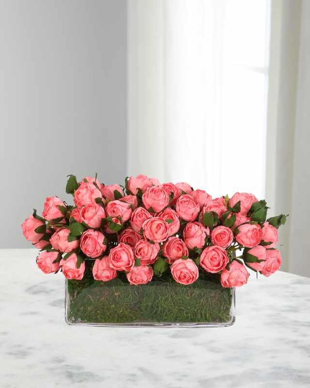 Pink Roses with Moss Garden 14" Faux Floral Arrangement in Glass Rectangle