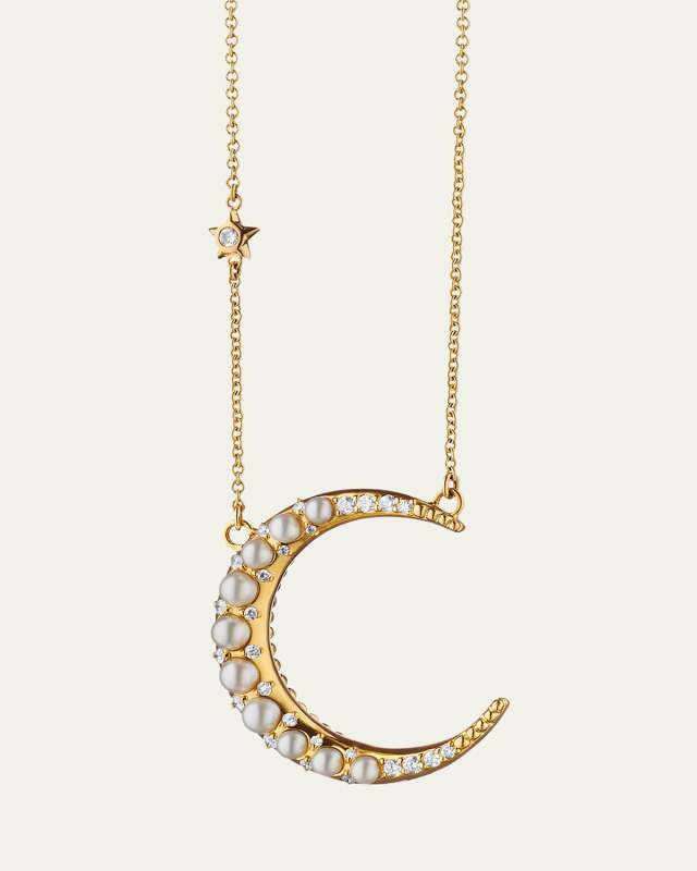 18K Pearl & Diamond Crescent Moon Necklace