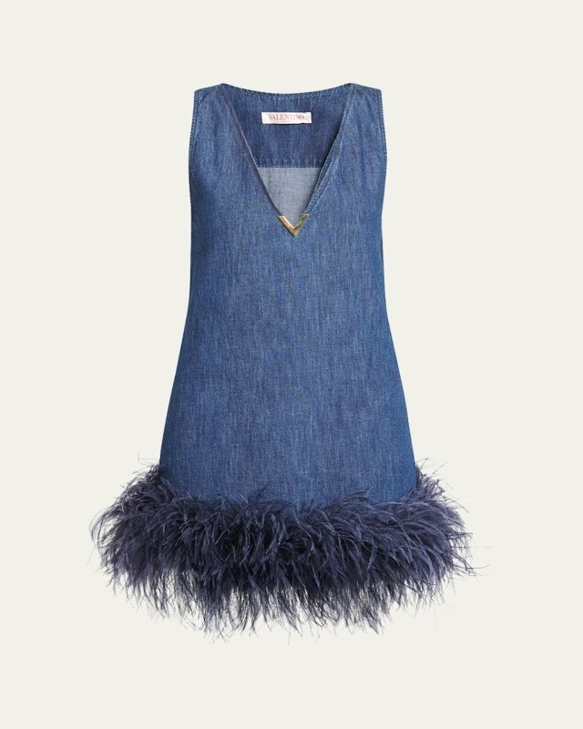 Chambray Feather Trim Mini Dress