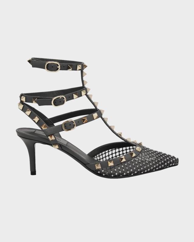 Rockstud Crystal Net Ankle-Strap Trio Pumps