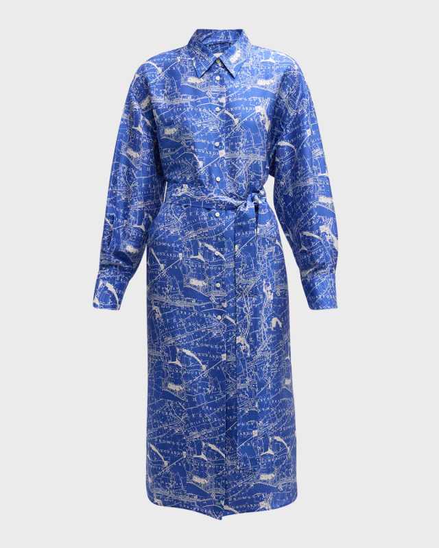Map-Print Silk Midi Shirtdress