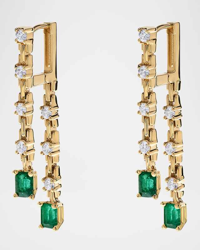 18K Yellow Gold Pirouette Two-Strand Diamond and Emerald Earrings