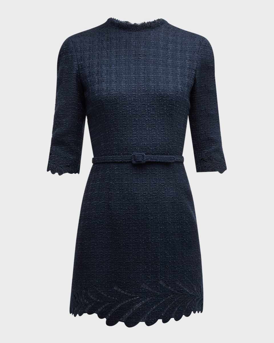 Fern Embroidered 3/4-Sleeve Belted Tweed Mini Dress