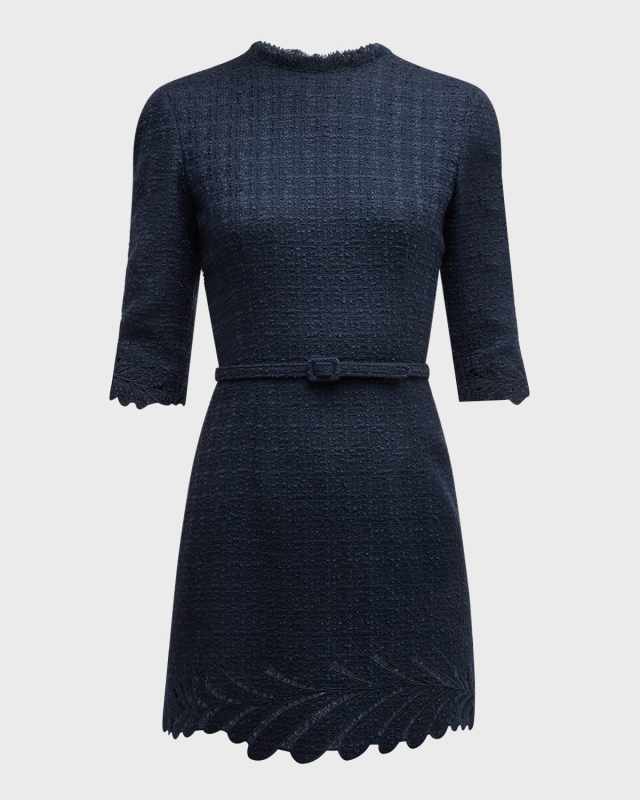 Fern Embroidered 3/4-Sleeve Belted Tweed Mini Dress