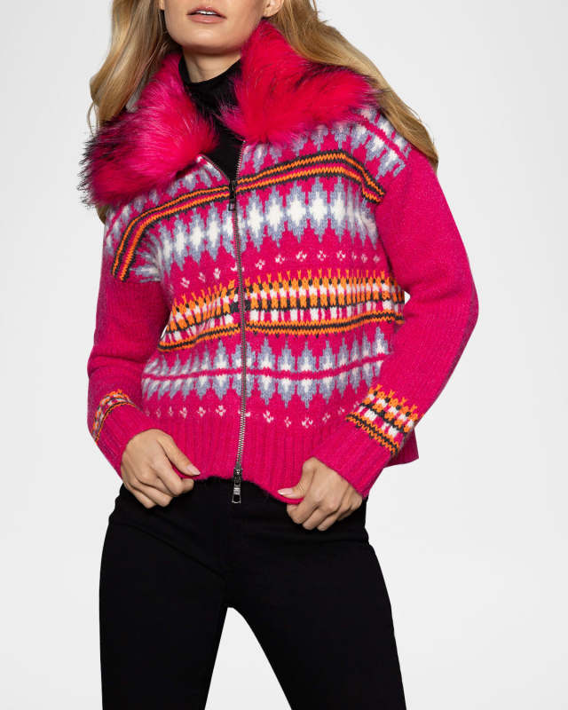 Powder Puff Faux Fur Collar Fair Isle Sweater