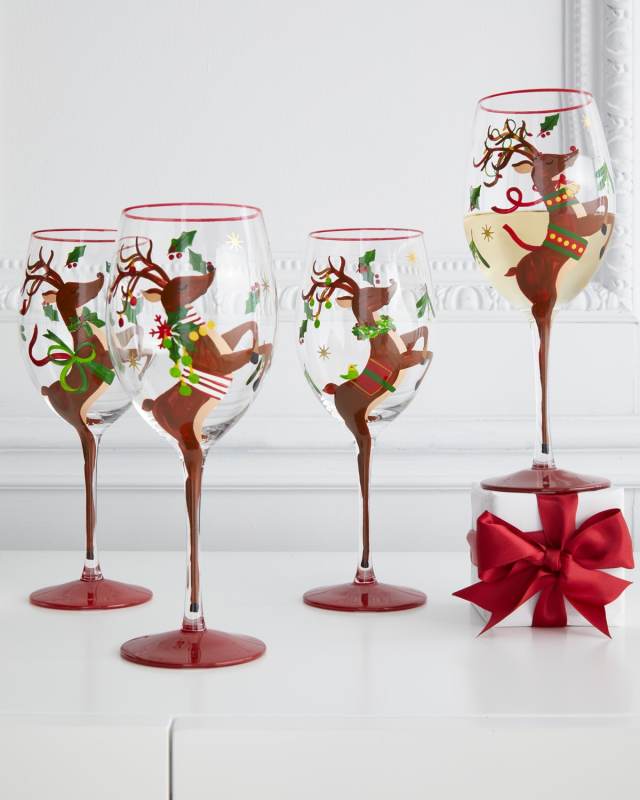 Hand-Painted Reindeer Wine Glasses, Set of 4