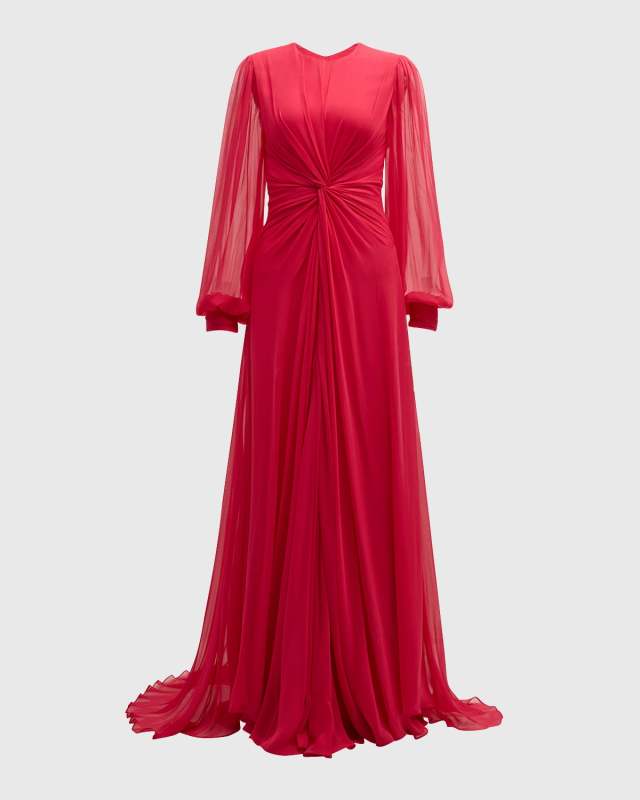 Twisted Long-Sleeve Silk Gown