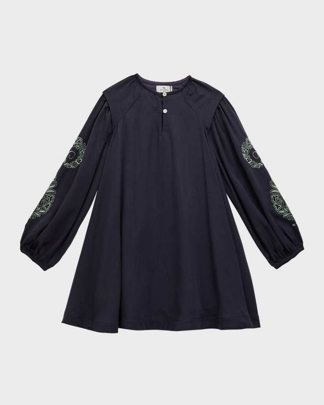 Girl's Floral Embroidered Puff Sleeve Dress, Size 4-10