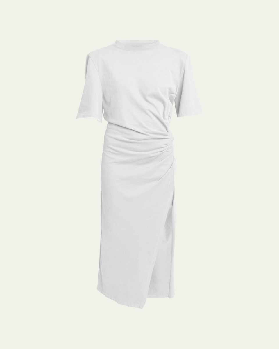 Lexia Strong-Shoulder Ruched Midi T-Shirt Dress