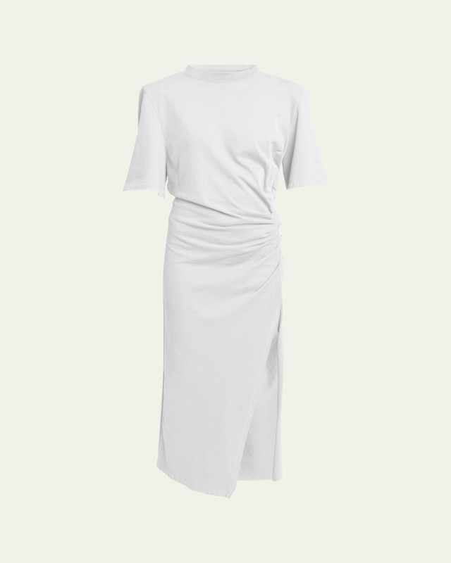Lexia Strong-Shoulder Ruched Midi T-Shirt Dress