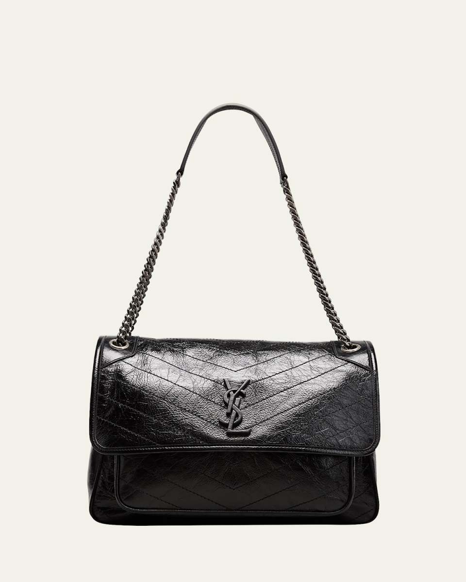Niki Large Flap YSL Shoulder Bag in Crinkled Leather