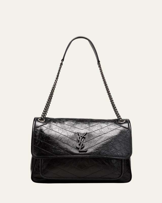 Niki Large Flap YSL Shoulder Bag in Crinkled Leather