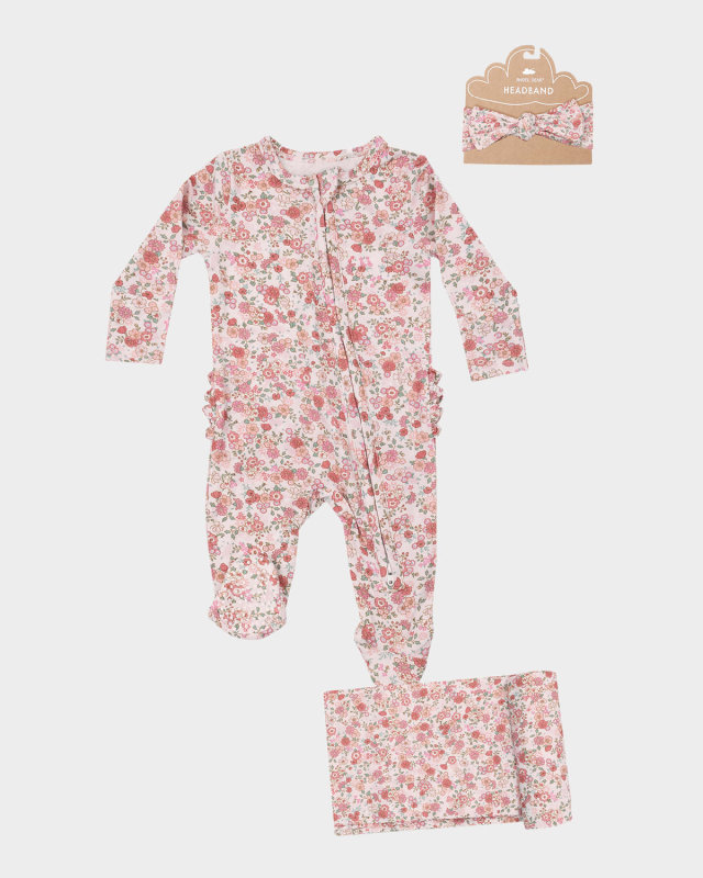Girl's Pretty Calico Ruffle Footie W/ Headband & Swaddle Blanket Set, Size Newborn-9M