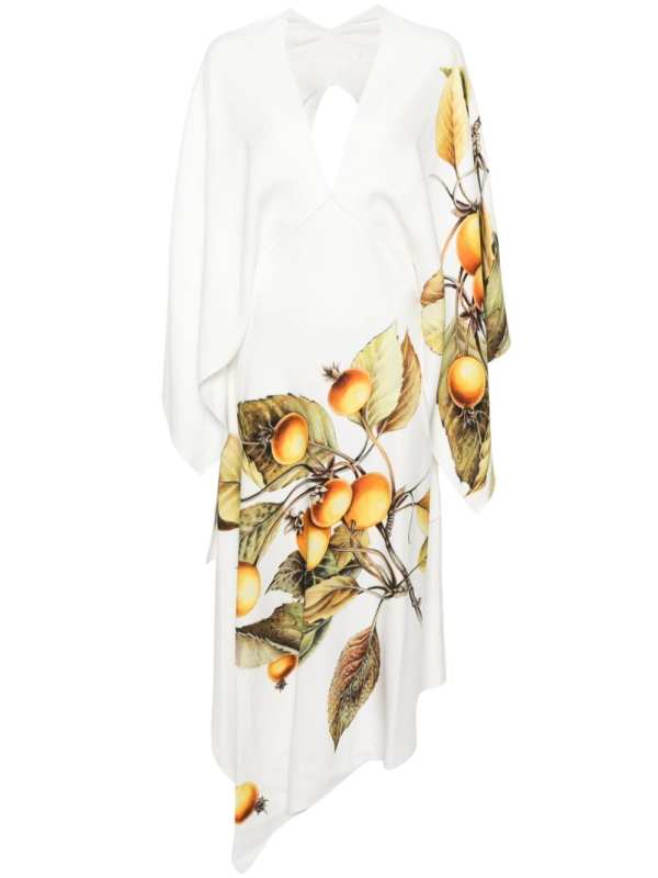 asymmetric botanical-print midi dress