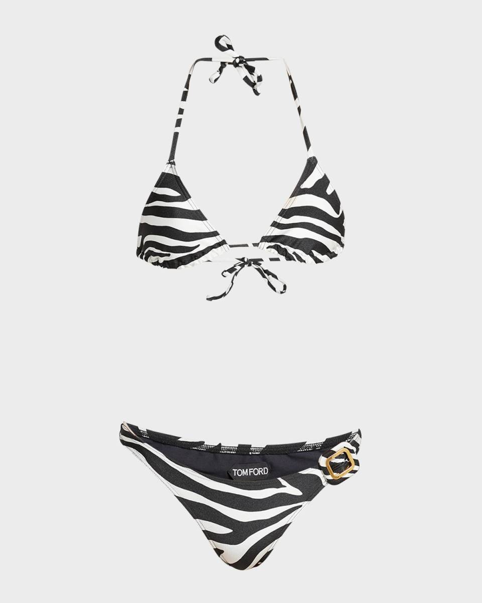 Zebra-Print Buckle Triangle Bikini Set