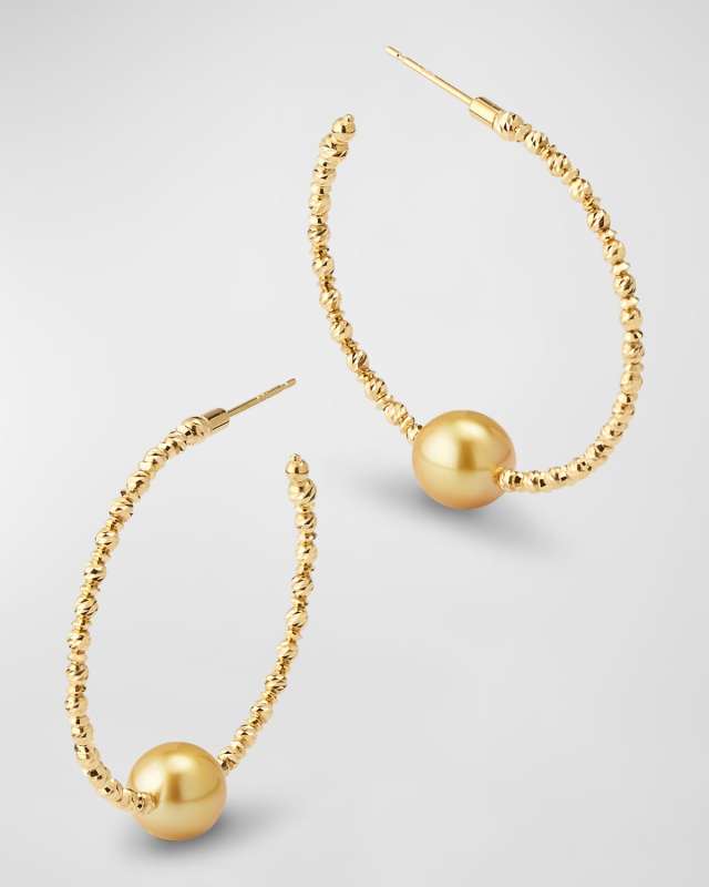 18K Yellow Gold Sparkle Bangle Hoop Earrings with Golden South Sea Pearls